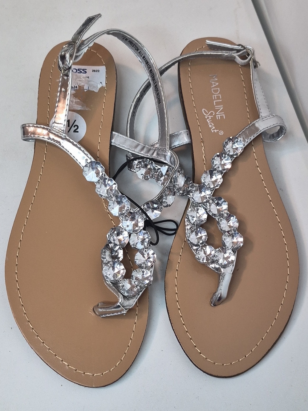 Madeline Stuart Silver Jeweled Flat Thong Sandals Size 7.5